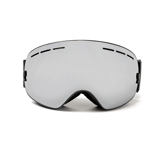 Black full-rimmed ski goggles with mirrored lenses, designed for outdoor sports and winter adventures.