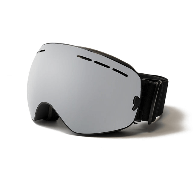 Black full-rimmed ski goggles with mirrored lenses, designed for outdoor sports and winter adventures.