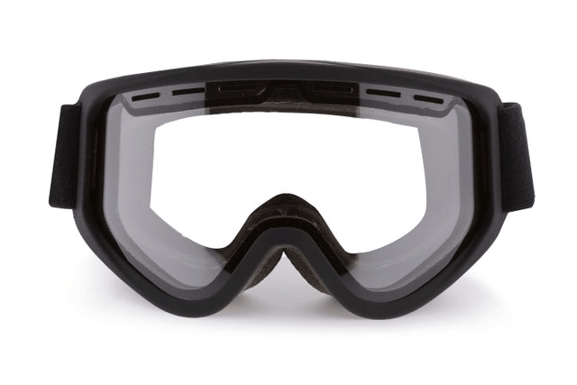 Black sports goggles with clear lenses designed for outdoor adventures and water activities.