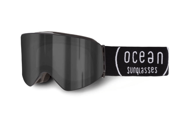 Black ski goggles with a sleek design and adjustable strap, perfect for outdoor adventure and sports activities.