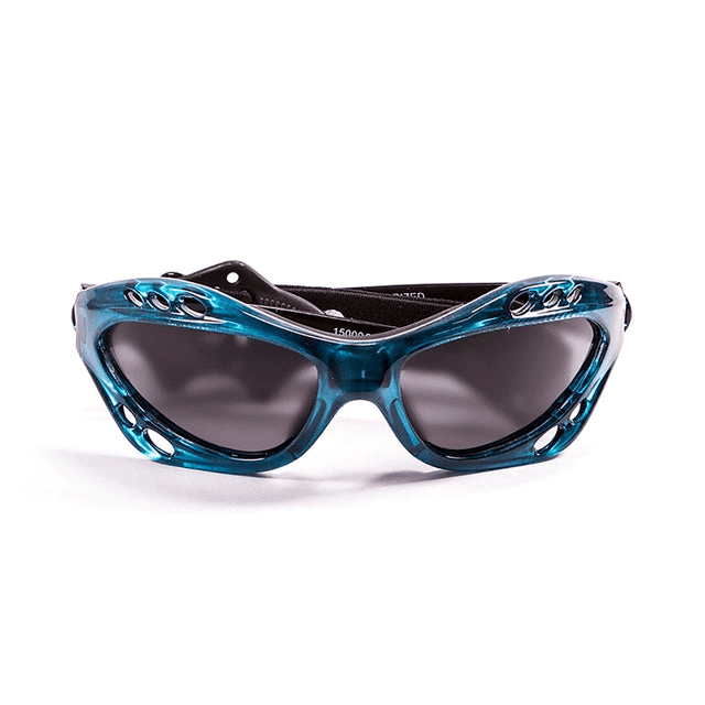 Stylish unisex warp frame sunglasses in blue with black strap, perfect for outdoor adventures and sports.