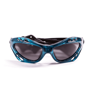 Stylish unisex warp frame sunglasses in blue with black strap, perfect for outdoor adventures and sports.