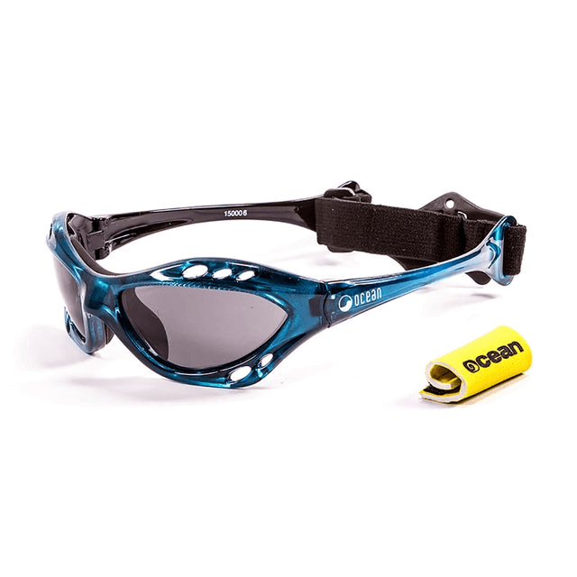 Stylish unisex warp frame sunglasses in blue with black strap, perfect for outdoor adventures and sports.