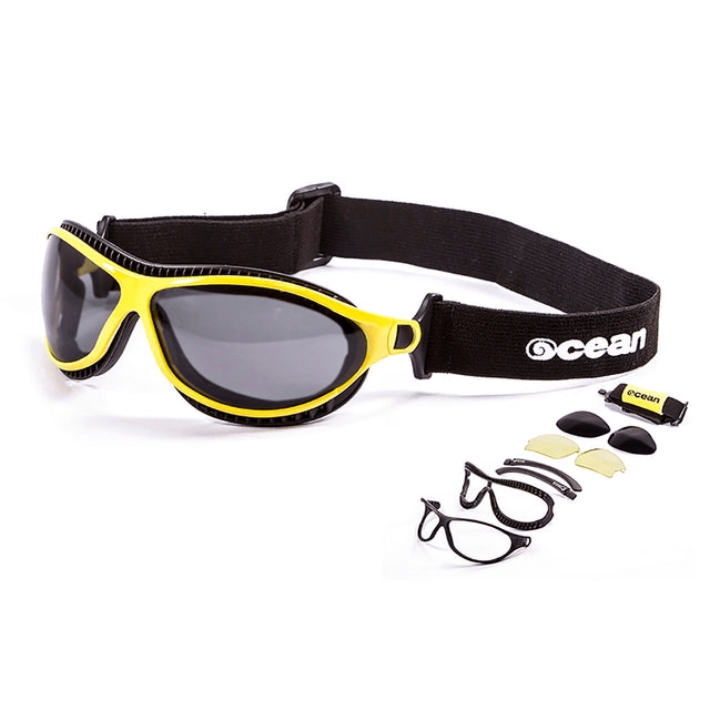 Unisex yellow sport sunglasses with black accents, designed for outdoor adventure and travel.