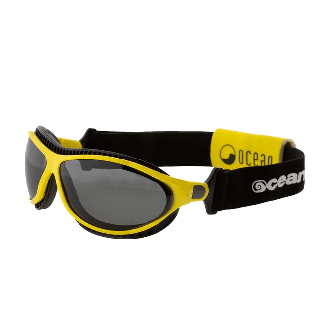 OCEAN GLASSES unisex yellow sports sunglasses with black strap, designed for outdoor adventure and travel.