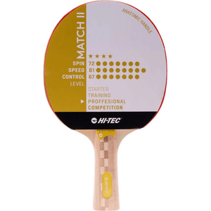 Hi-tec Match II Table Tennis Racket with anatomic handle and performance ratings for spin, speed, and control. Ideal for outdoor sport.