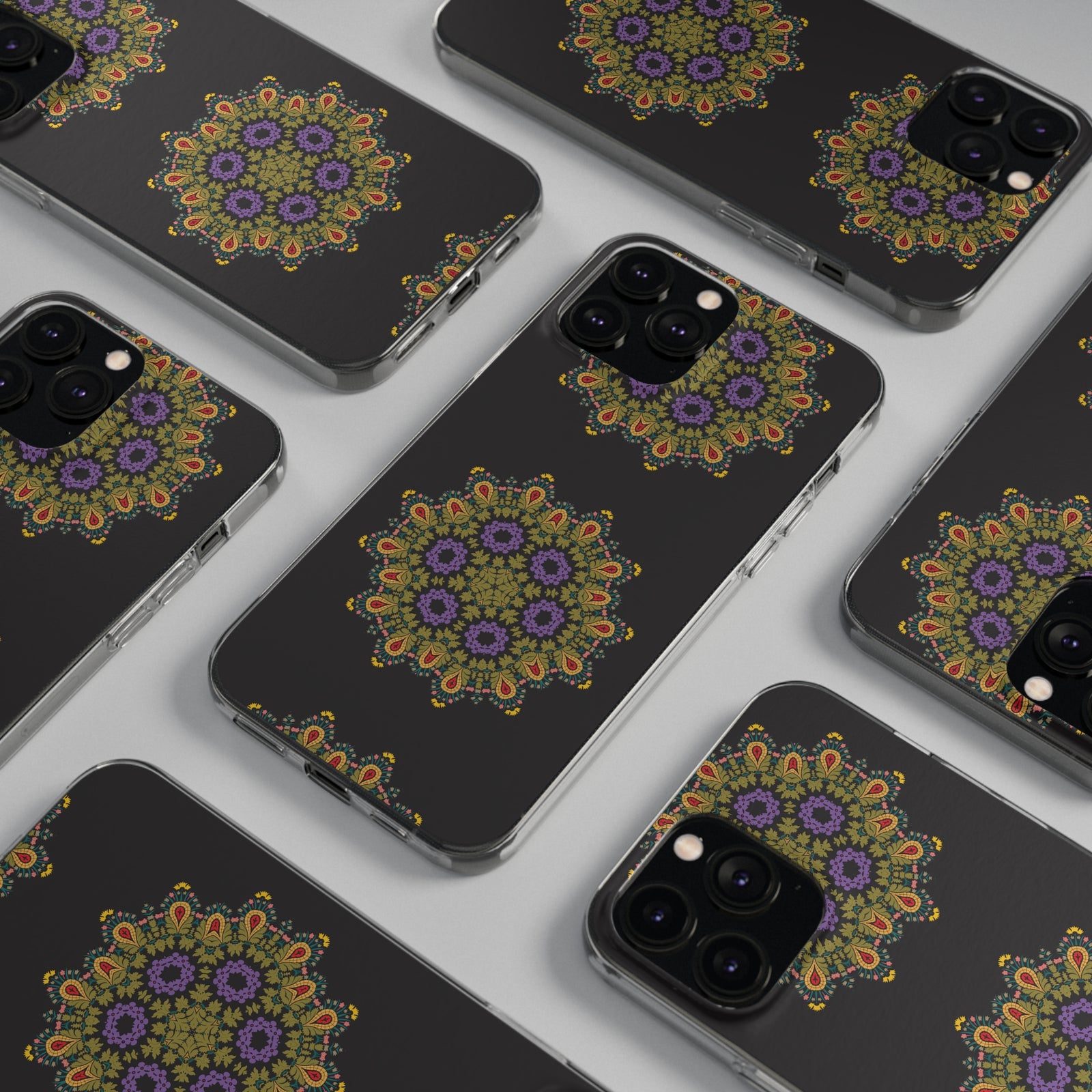 Collection of phone cases featuring gold mandala designs on a dark background, perfect for outdoor adventures at revlando.com.