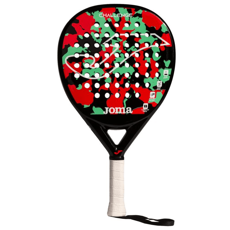 Joma Challenge Padel Racquet 400824-168 in black with red and green design, ideal for outdoor sport and adventure.