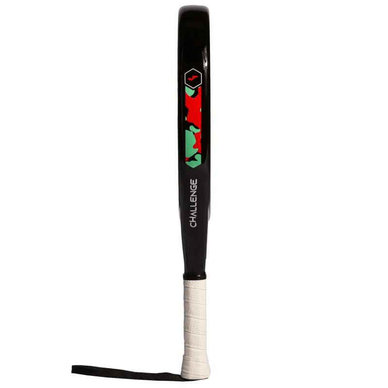 Joma Challenge Padel Racquet 400824-168 side view, showcasing its sleek black design and teardrop shape for outdoor sports.