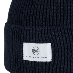 Buff Drisk knitted navy beanie with logo patch, perfect for outdoor sports and winter adventures.