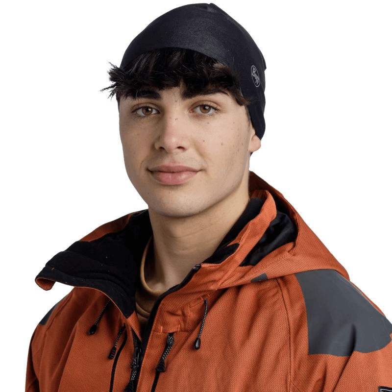 Buff Thermonet Beanie in black, unisex thermal hat for winter sports and outdoor adventures.