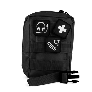 Offlander Molle Tactical Pouch in black with utility patches, ideal for outdoor adventures and travel.