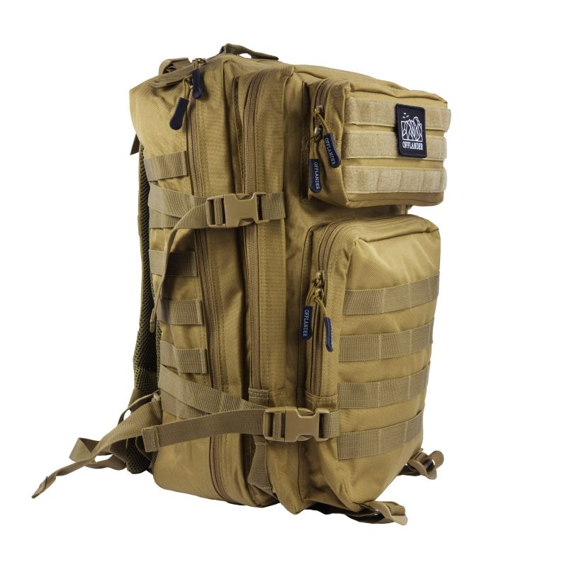 Offlander Survival 43L Hiking Backpack - Durable Khaki Nylon, Lightweight & Spacious