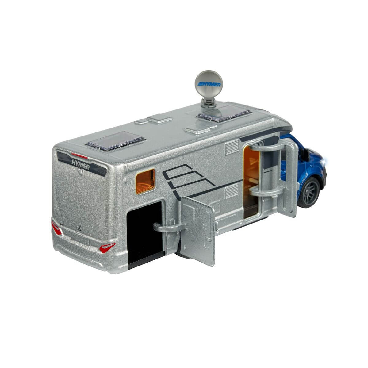 Motor caravan model Hymer B-Class Camper in grey and blue, perfect for outdoor adventures and playtime.