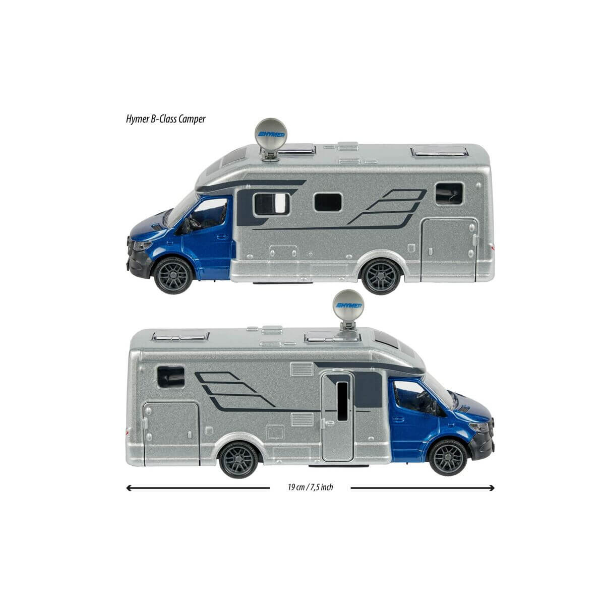 Motor caravan model Hymer B-Class Camper in grey and blue, perfect for outdoor adventures and playtime.