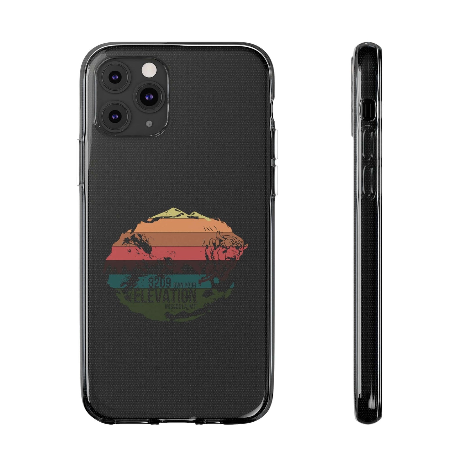 Phone case featuring colorful mountain design, made of flexible TPU, ideal for outdoor adventures and camping from revlando.com.