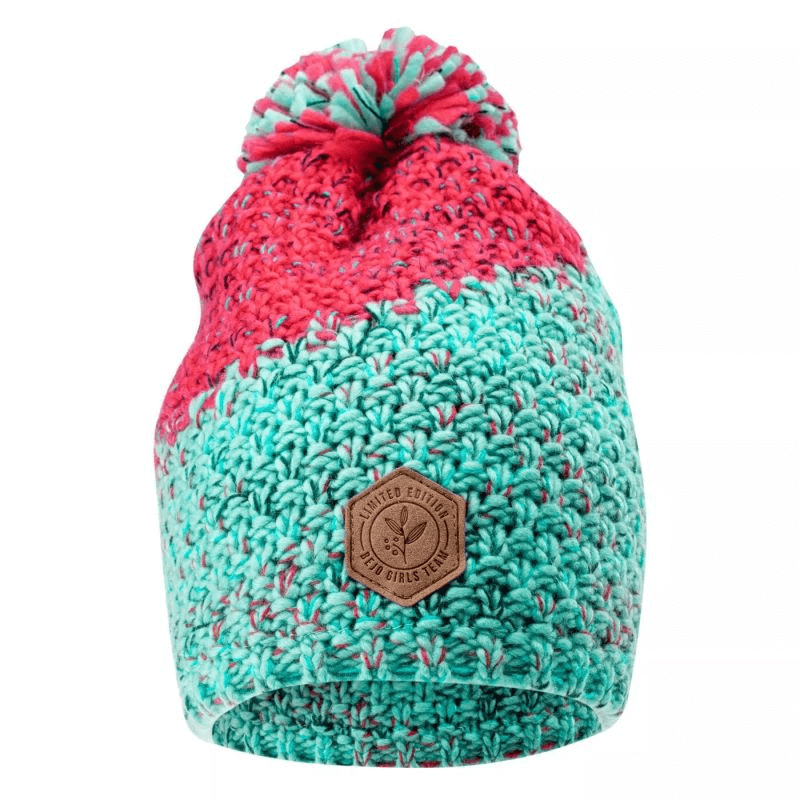 Bejo Zijo JRG Jr cozy beanie cap for girls in teal and red, featuring a pom-pom, perfect for winter outdoor adventures.