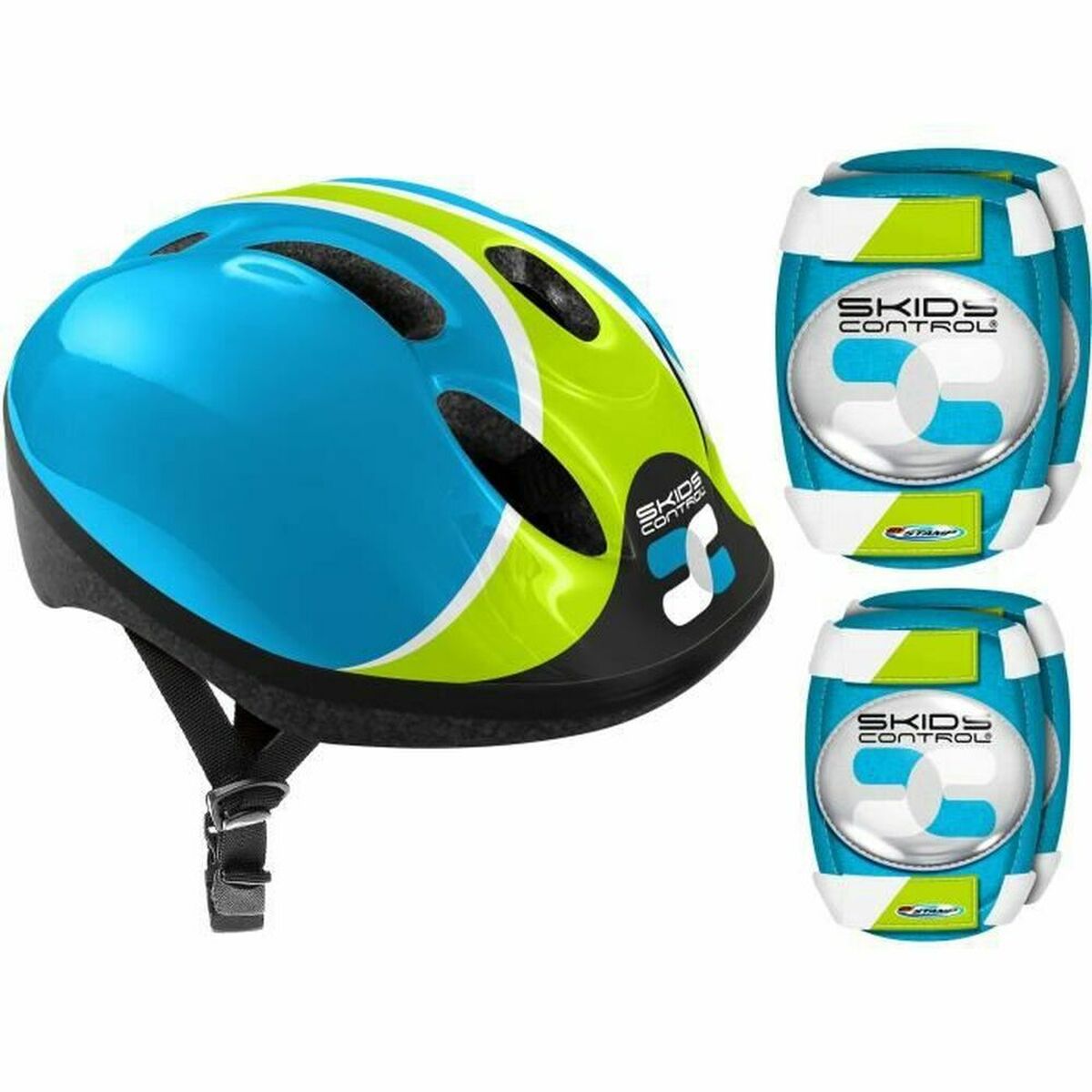 Set of blue helmets and knee pads for kids, ideal for outdoor adventure and camping - revlando.com