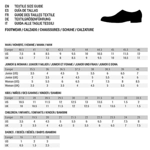 Footwear size guide with dimensions for men, women, kids, and babies in multiple languages including English and Spanish.