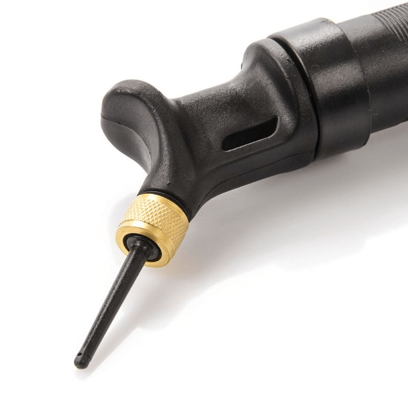 Detail of Meteor Double Action ball pump nozzle, designed for quick and efficient inflation during outdoor sports and travel.