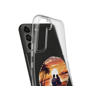 Clear TPU phone case featuring a sunset beach design, perfect for outdoor adventures and camping.