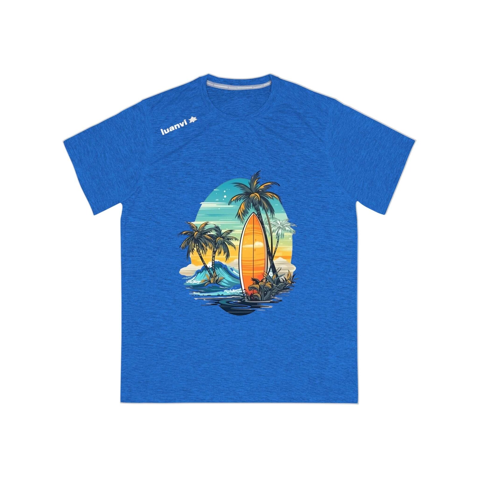 Men's blue surf t-shirt with vibrant palm tree and surfboard graphic, perfect for outdoor adventures.
