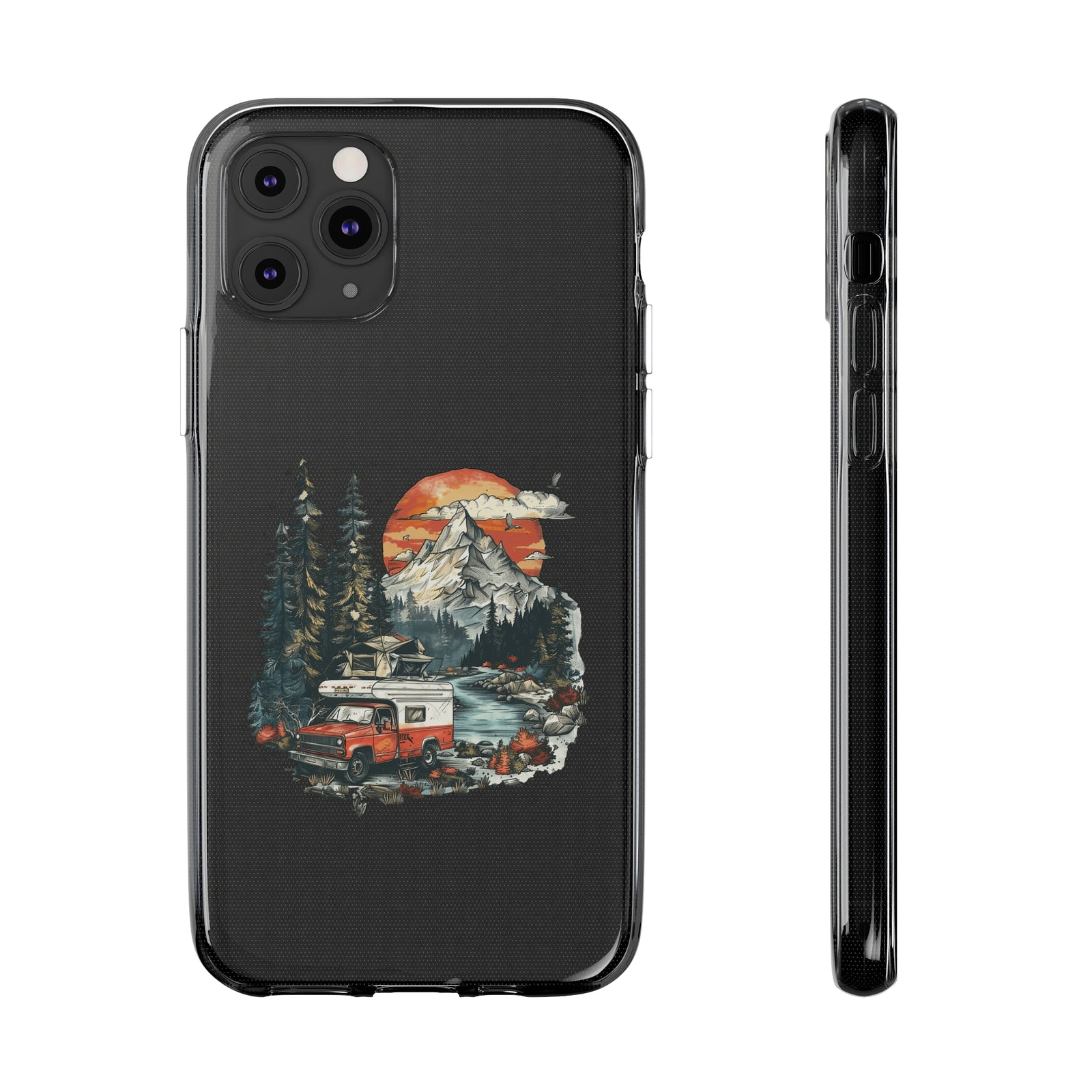Phone case featuring camping van and mountain scene, perfect for outdoor adventures and a stylish accessory.
