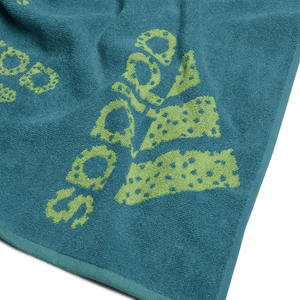 Adidas 100% cotton sports towel in turquoise with sporty logo design, ideal for outdoor and travel adventures.