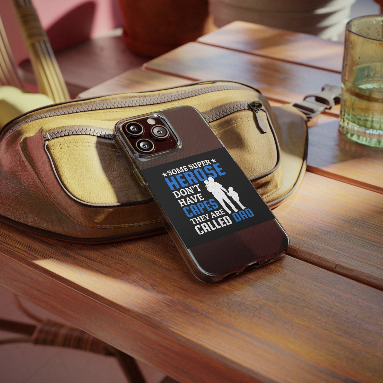 Stylish Dad superhero phone case on a table, showcasing adventure-ready design for outdoor activities.