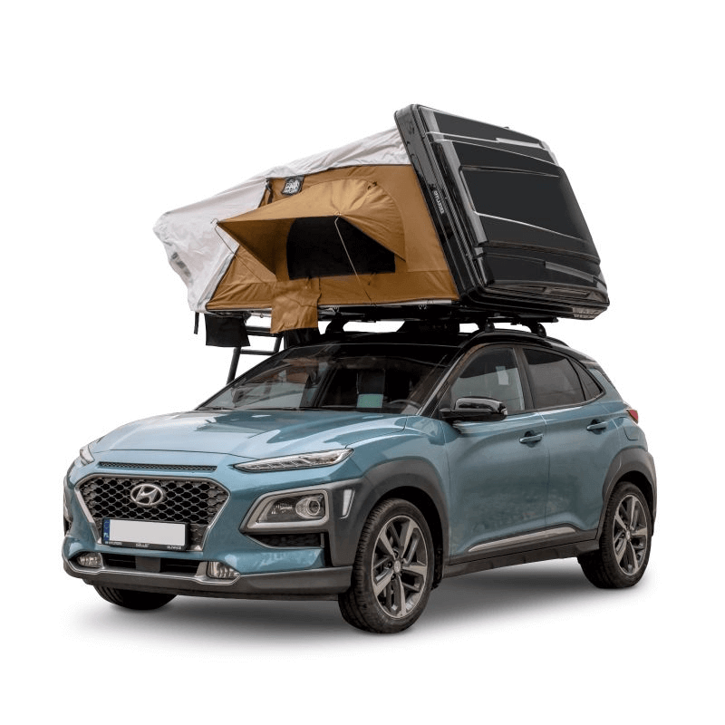 Offlander Fold 2 Sand Roof Tent mounted on a car, showcasing an adventure-ready setup for outdoor travel.