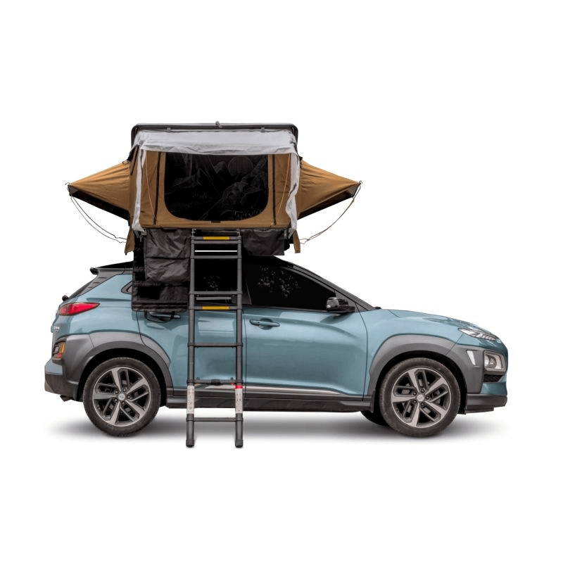 Offlander Fold 2 Sand Roof Tent mounted on a car, featuring a sturdy ladder for easy access and outdoor adventure.