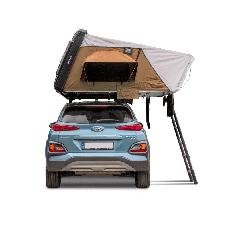 Offlander Fold 2 Sand Roof Tent mounted on a car, showcasing durable design for outdoor adventure travel.