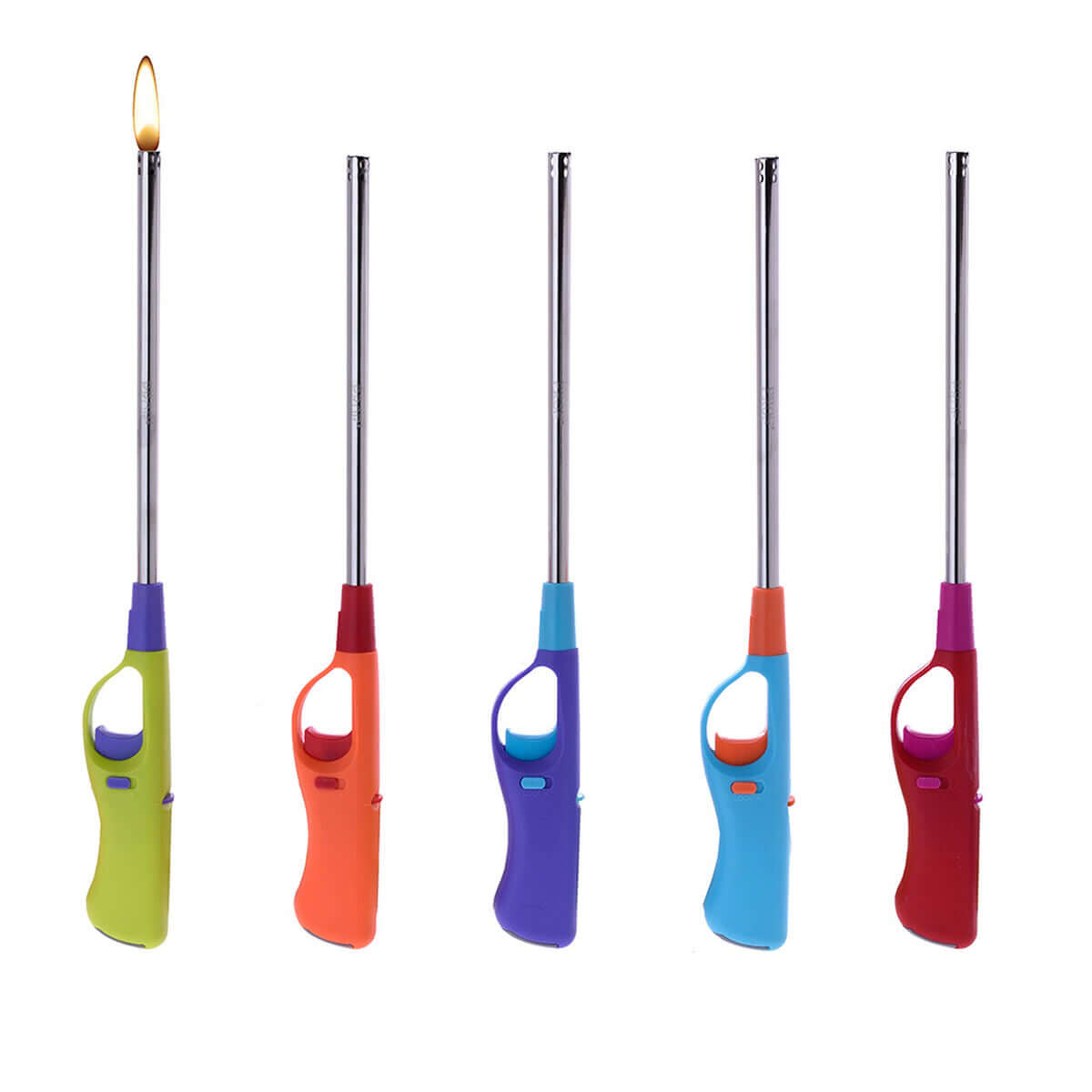 Colorful extra-long kitchen lighters for outdoor barbecues and camping adventures, ideal for various uses.