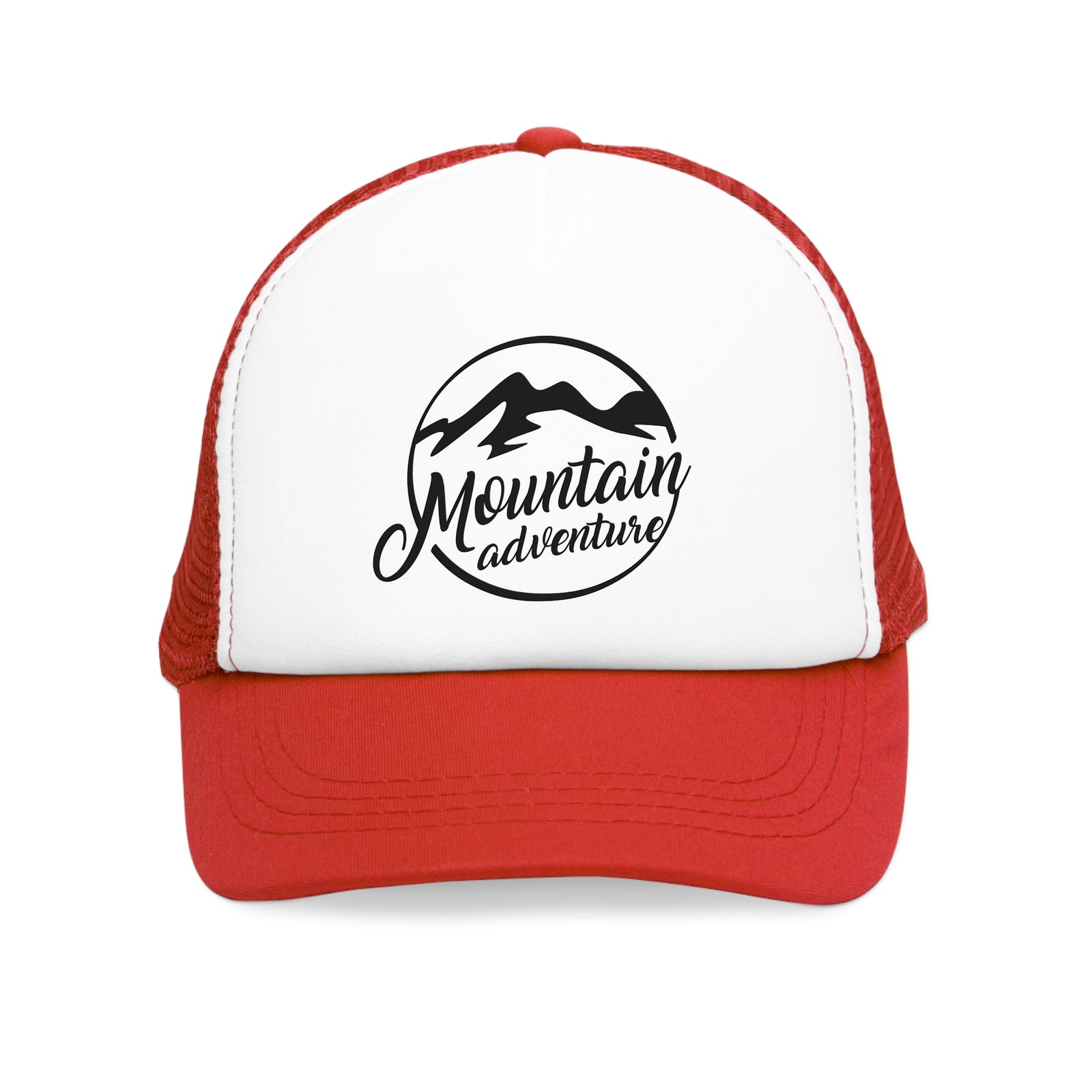 Red mesh cap with 'Mountain Adventure' logo, perfect for outdoor activities and camping from revlando.com.