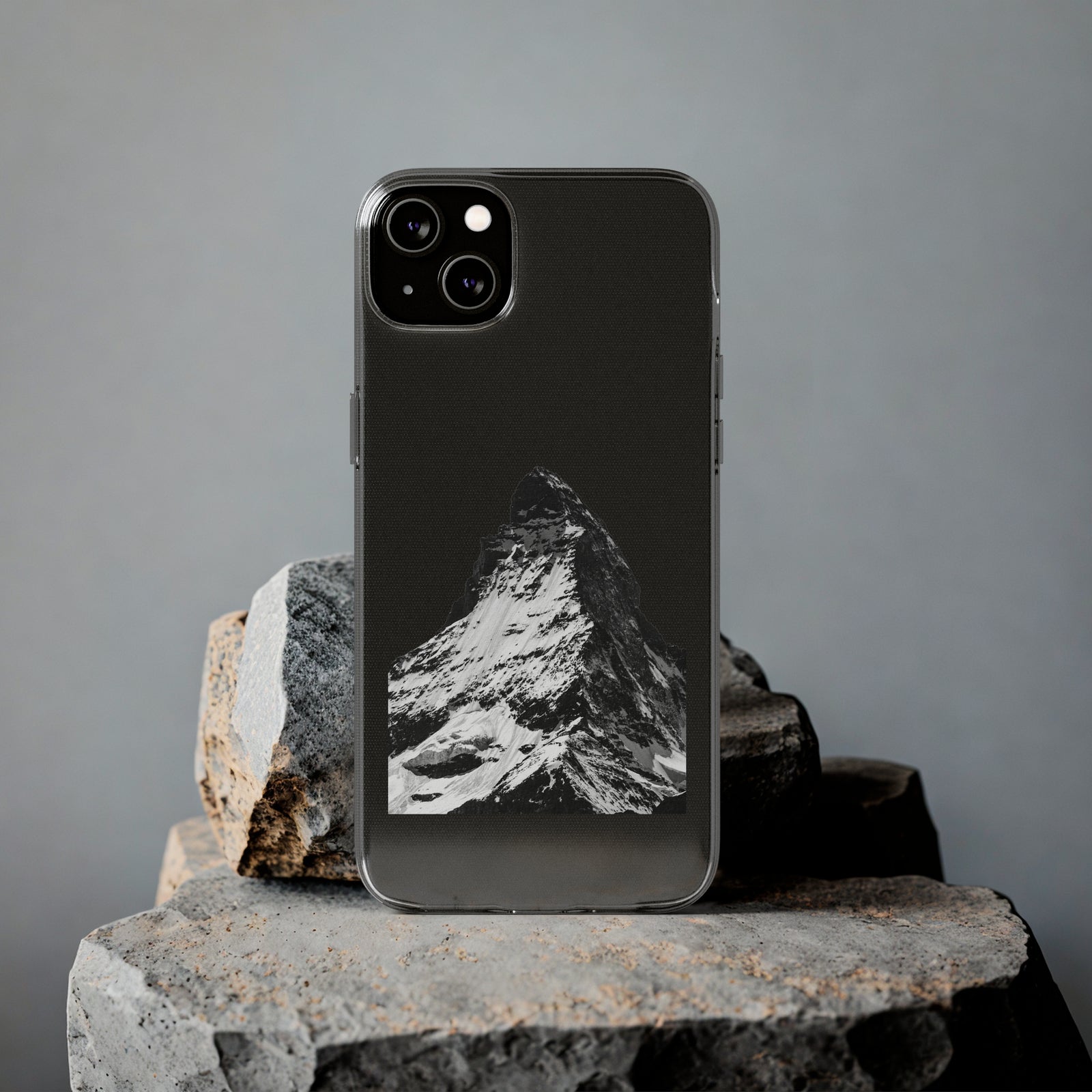Phone Case Summit with mountain design on clear TPU, ideal for outdoor and adventure lovers. Available at revlando.com.