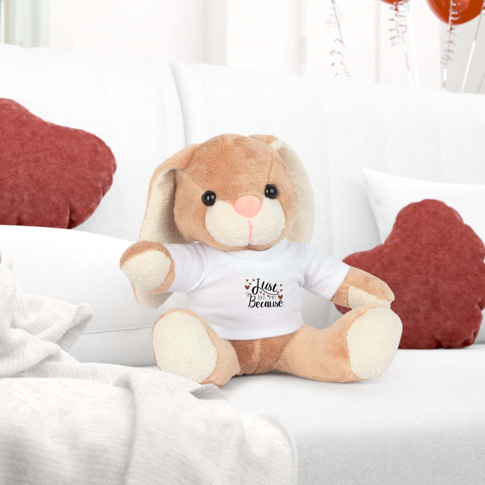 Cute plush bunny toy wearing 'Just Because' t-shirt, perfect gift for kids and collectors at revlando.com.