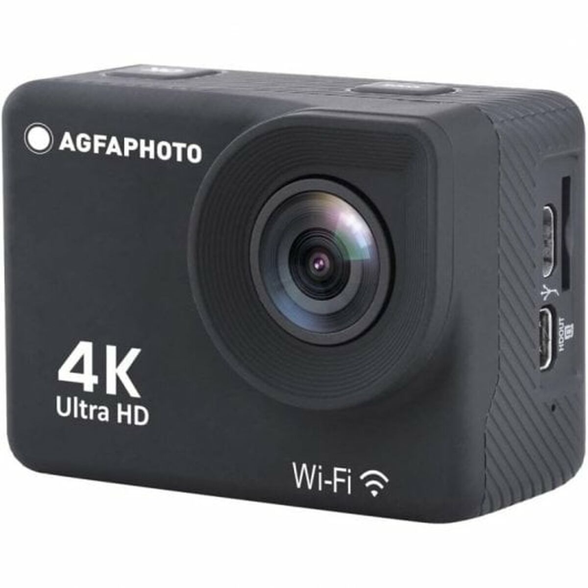 Sports Camera Agfa AC9000BK in black, featuring 4K Ultra HD, Wi-Fi connectivity for outdoor adventures, perfect for camping.