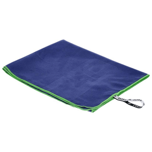 Quick-drying navy blue microfiber towel with green trim, ideal for outdoor activities, sports, travel, and adventure.