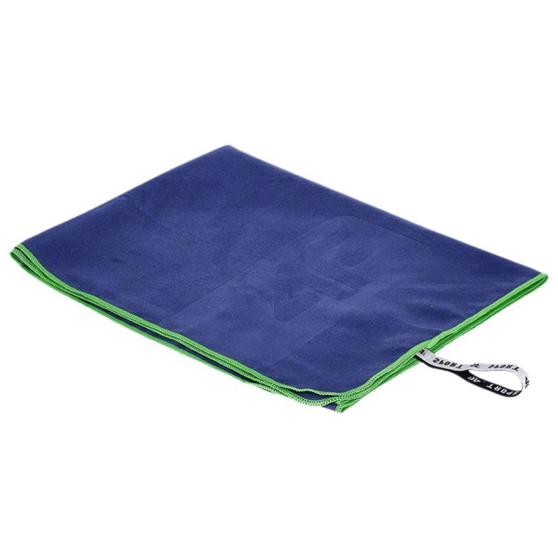 Quick-drying microfiber towel in navy with green trim, perfect for gym, travel, and outdoor adventures. Dimensions 65x90 cm.