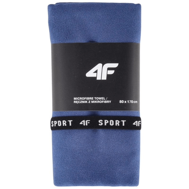 Microfiber towel in blue, 80x170 cm, ideal for sports, travel, and outdoor activities, featuring a secure storage band.