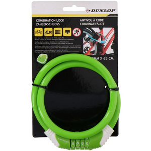 Candado para bicicleta con código en espiral verde Dunlop - Seguro y duradero - 10 mm x 65 cm - Protección antirrobo