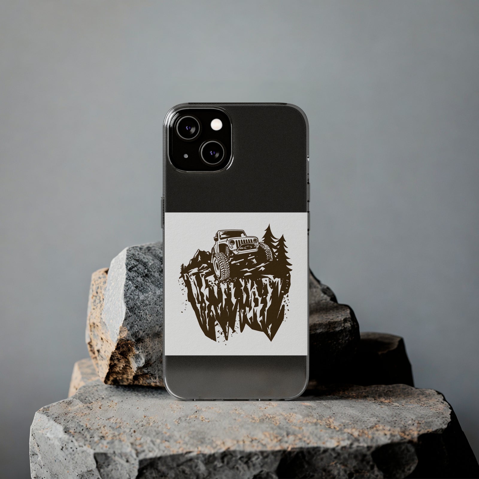 Phone case with Jeep design on rocky background, perfect for outdoor adventure and camping enthusiasts, revlando.com.