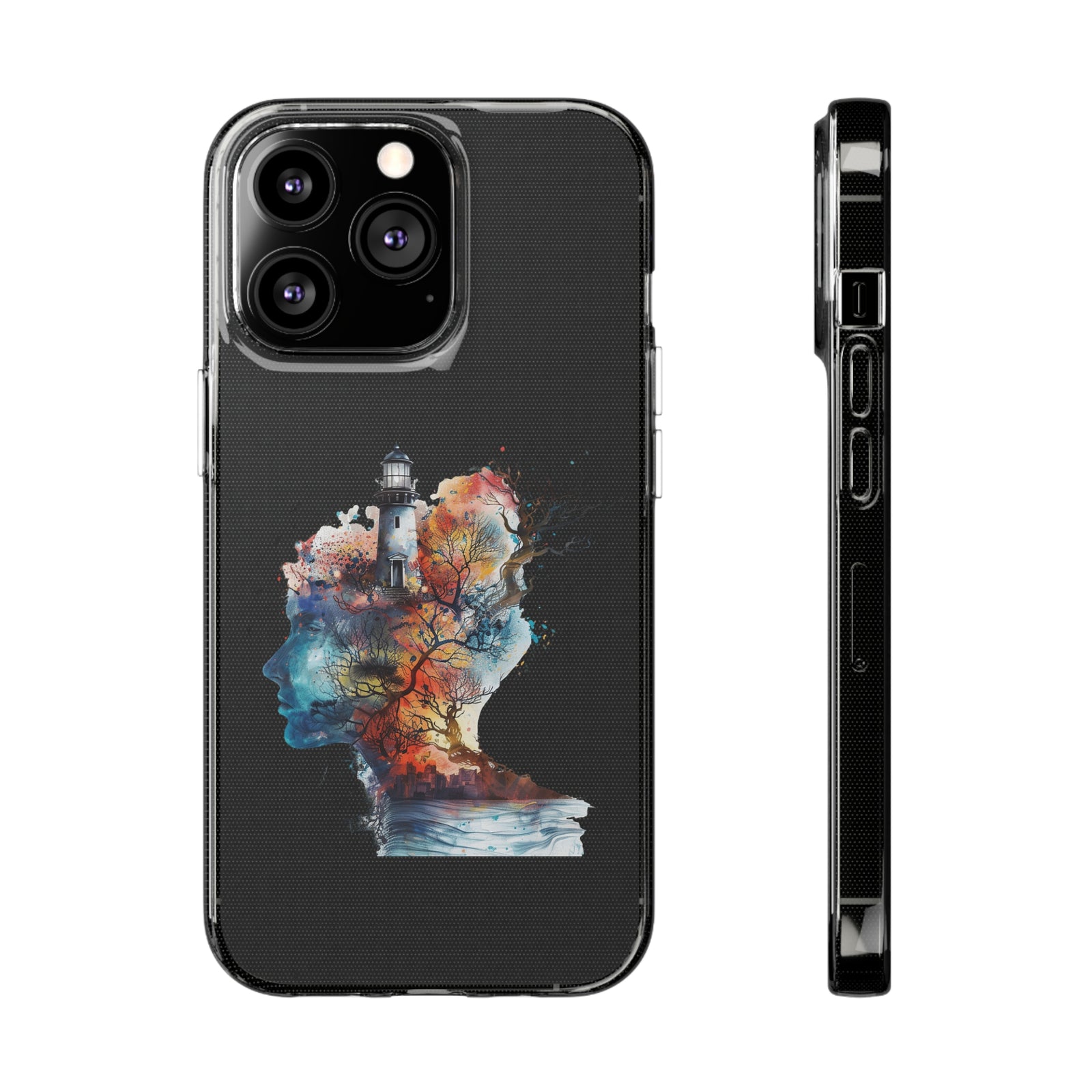 Artistic abstract phone case design with lighthouse and nature elements, ideal for outdoor adventures.