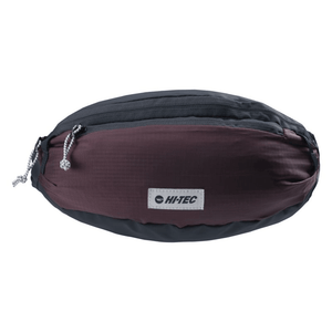 Hi-Tec Sequa Waterproof Waist Bag in dark red and black, ideal for outdoor adventures and travel. Lightweight and durable design.