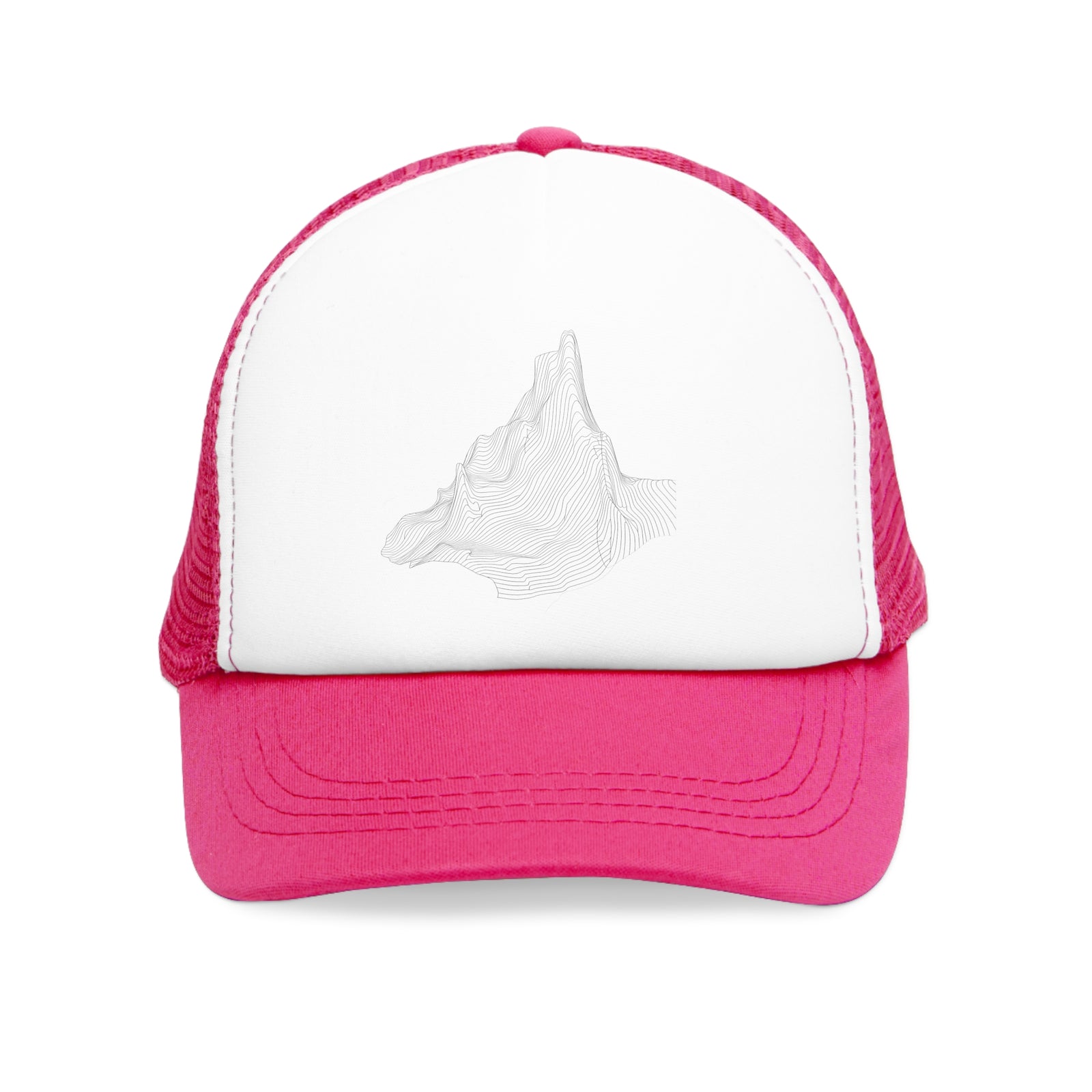 Pink mesh cap with white front, featuring a mountain design, perfect for outdoor adventures and camping.