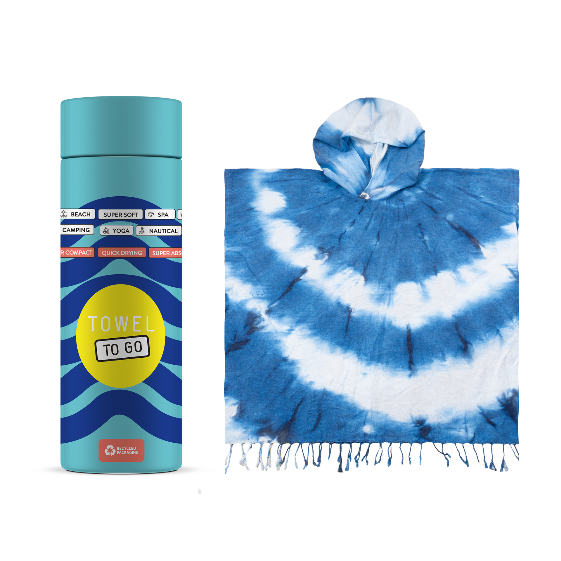 Poncho de playa con capucha Tie Dye y caja de regalo reciclada - Azul y blanco | 100% Algodón, Unisex, Secado Rápido