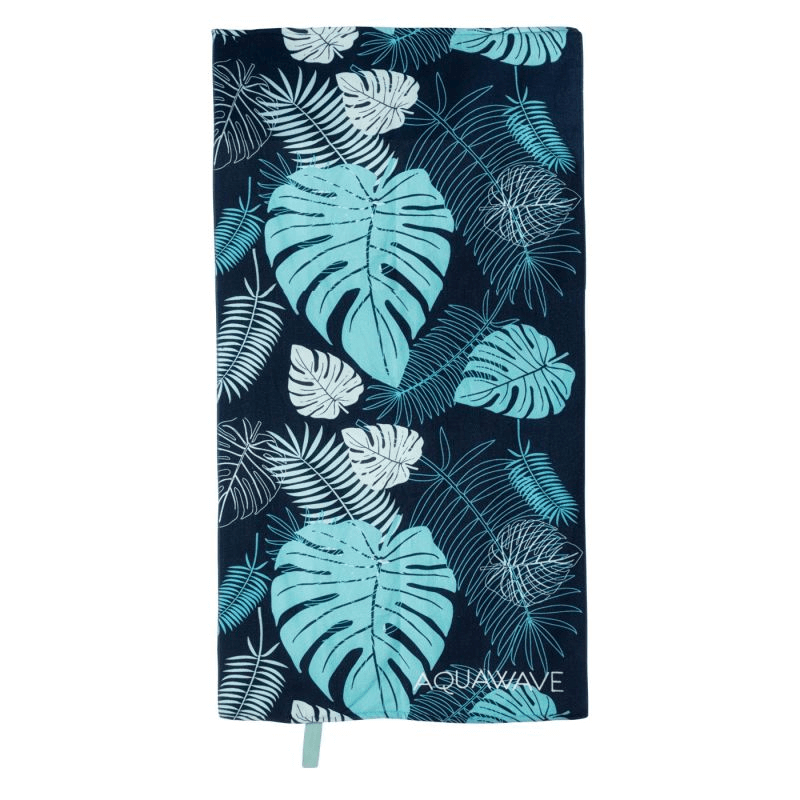 Aquawave Toflo Towel featuring a tropical leaf design in teal and white on a dark background, ideal for outdoor and travel use.