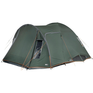 High Peak Tessin 5.1 green tent showcasing spacious design for family camping adventures. Ideal for outdoor travel and adventure.