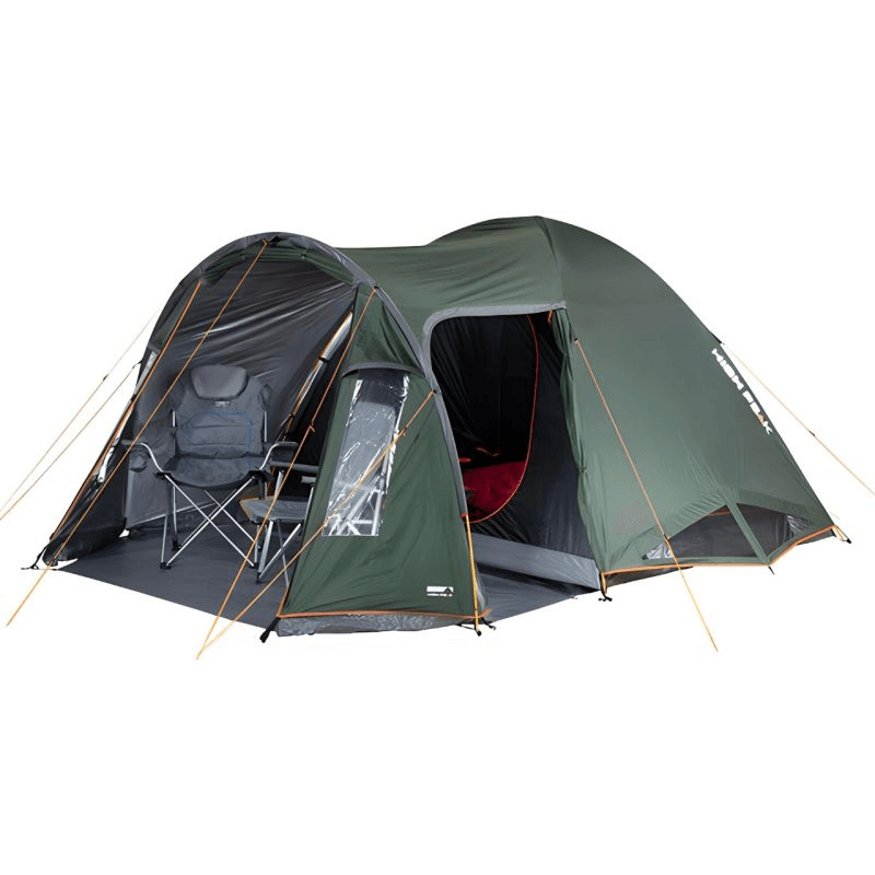 High Peak Tessin 5.1 tent in green, spacious design for family camping, featuring outdoor chair and water-resistant materials.