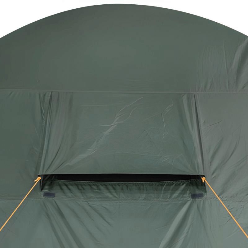 Front view of High Peak Tessin 5.1 tent in green, showing water-resistant fabric and spacious opening for outdoor adventures.